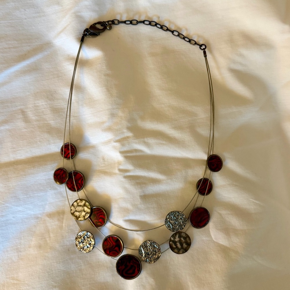Chico’s Three Layer Red and Silver Statement Necklace - Picture 1 of 3